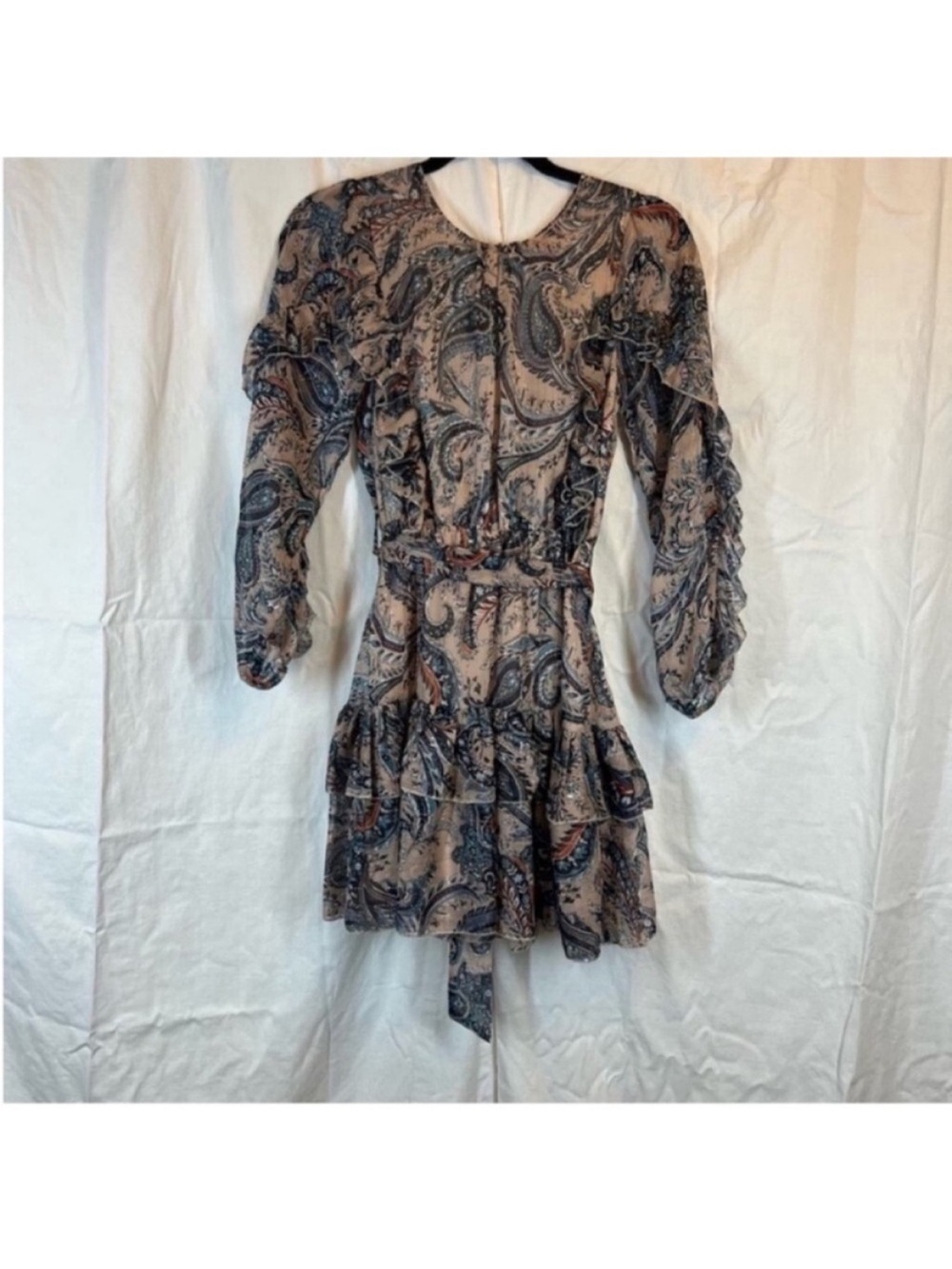 River island Paisley Ruffle Tiered Key hole back long sleeve mini Dress